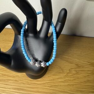 Glass Beaded Elastic Bracelet Baby Blue Metal Antique Silver Plated Flower